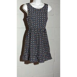 One Clothing Geometric Print Sleeveless Sun Dress Blue Brown Cute Xsmall